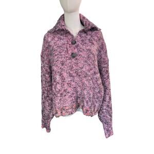 Free People Stellar Knit Pullover Sweater Pink Boucle Collared Button Small NWT
